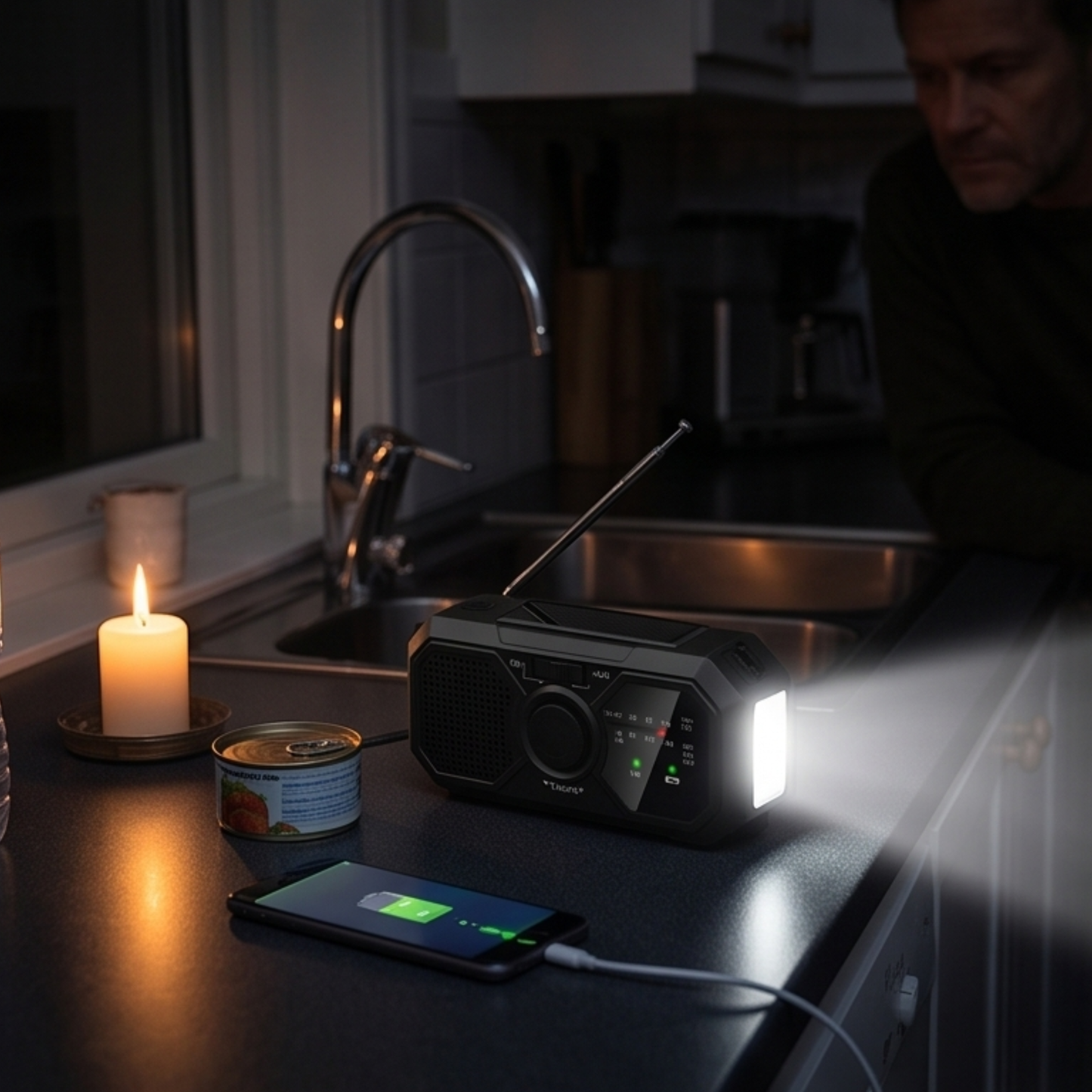 Nödradio med Solceller & Handvev (Inbyggd Powerbank & Ficklampa)