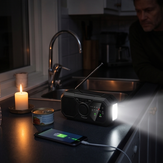 Nödradio med Solceller & Handvev (Inbyggd Powerbank & Ficklampa)