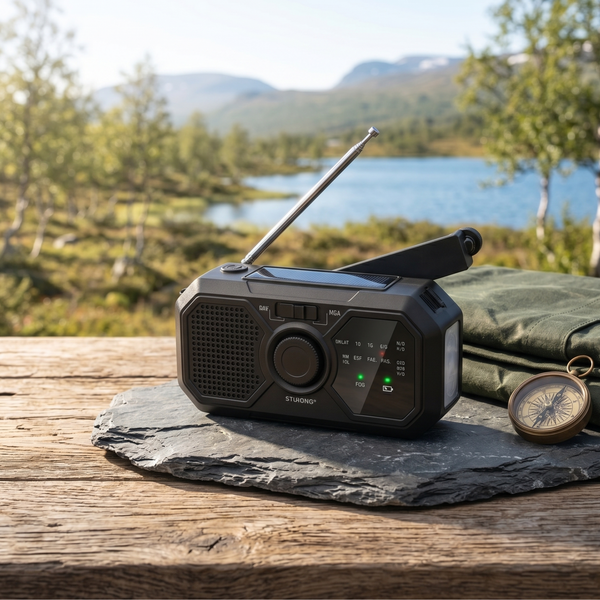 Nödradio med Solceller & Handvev (Inbyggd Powerbank & Ficklampa)